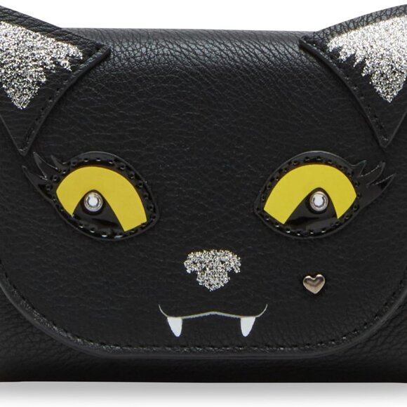 Black Cat Bifold Wallet Womens Polyurethane Nylon Snap Closure Compact - Picture 1 of 5